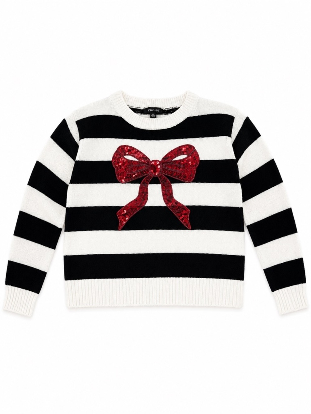 New - Zunie Black and White Striped Knit Sweater with Red Sequin Bow
